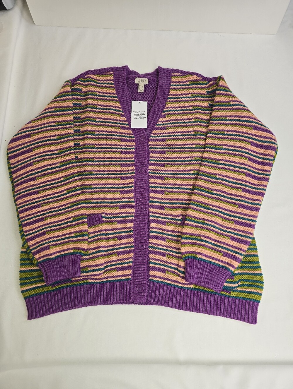 NEW Logo By Lori Goldatein Striped Overaized Chunky Cardigan Sweater Purple